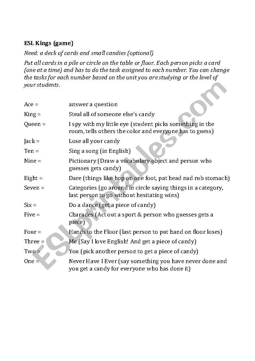 ESL Kings worksheet