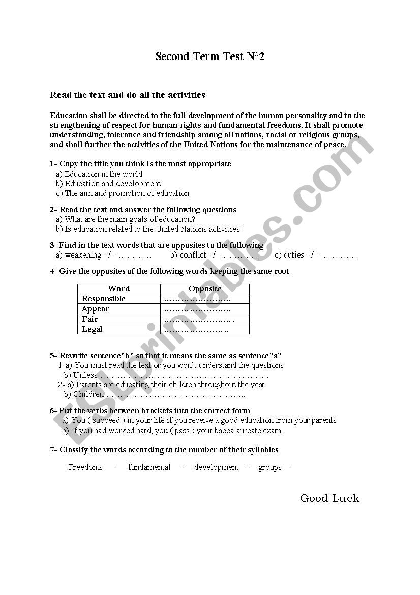 term 2 test  worksheet