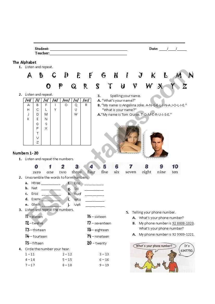 Alphabet and numbers worksheet