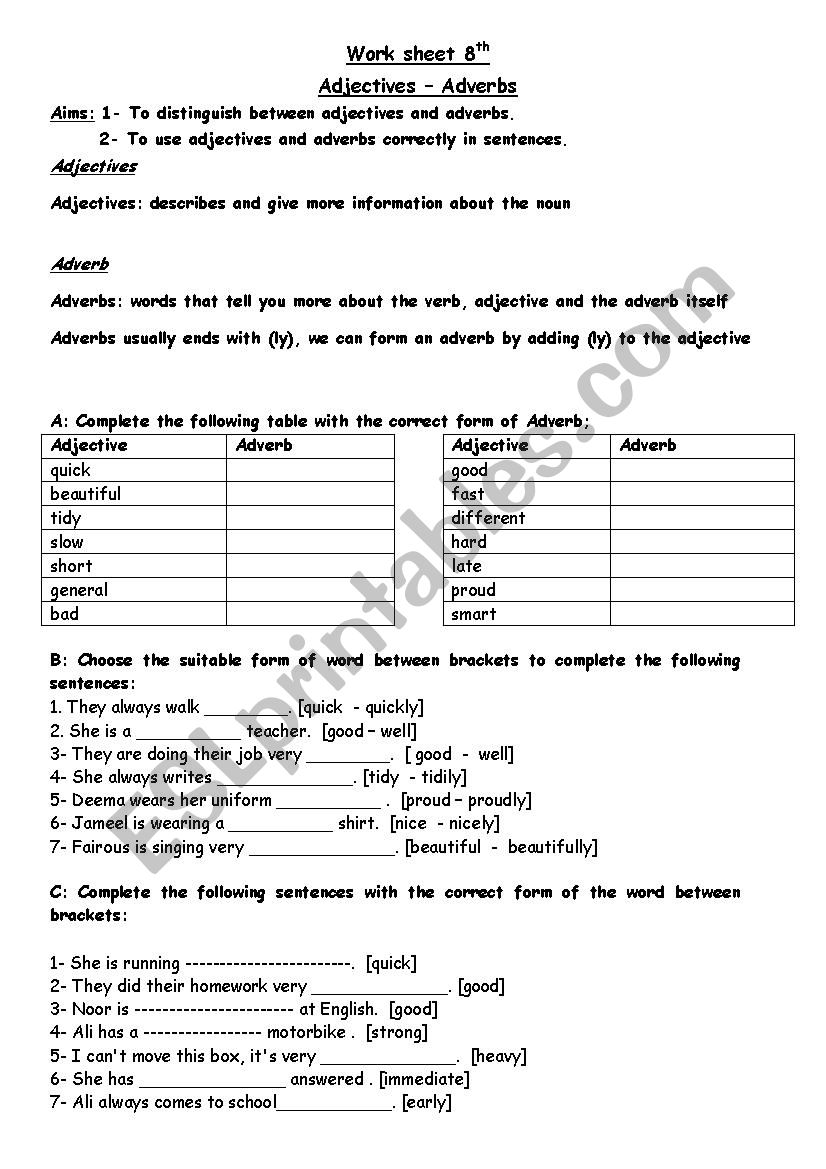 ADJECTIVES AND ADVERBS worksheet