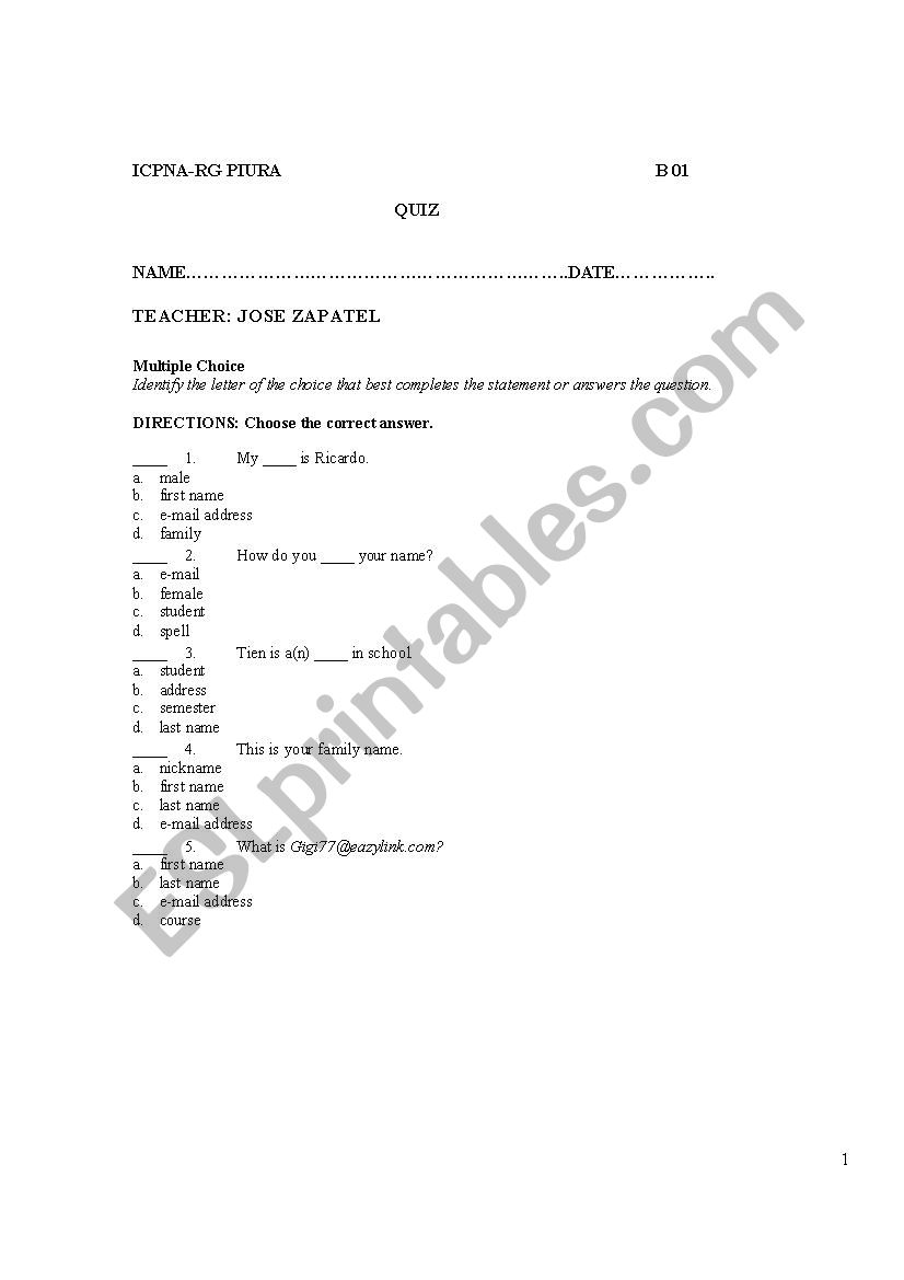 Elementary Test worksheet