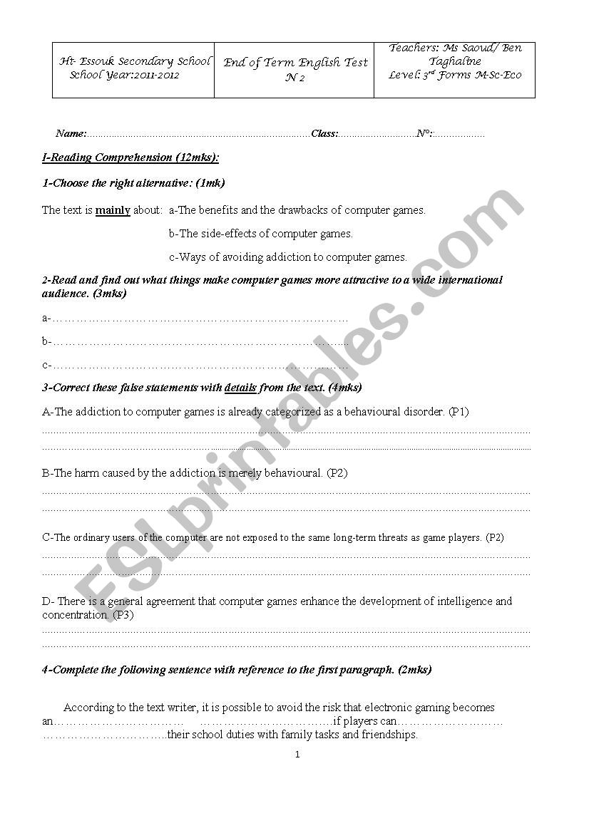 End of Term Test 2 3rd Year worksheet