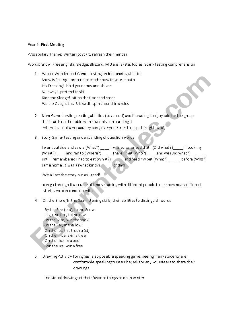 Activity Plan for Year 3 Children´s English Club - ESL worksheet by bkords
