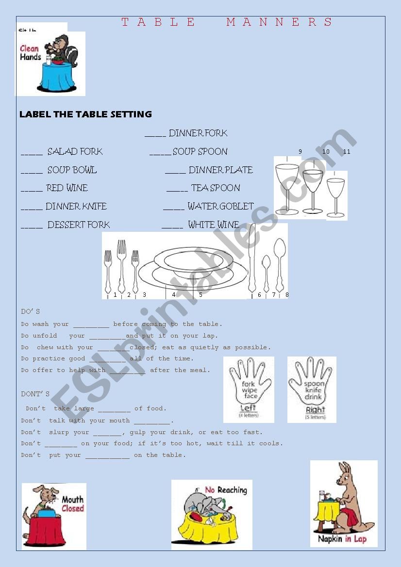 TABLE MANNERS worksheet