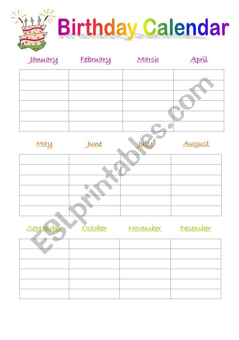 Birthday Calendar worksheet