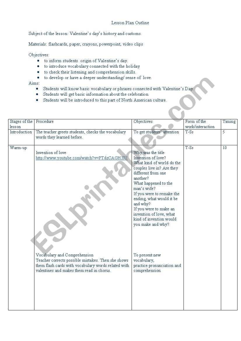 Lesson Plan Outline for Valentines Day