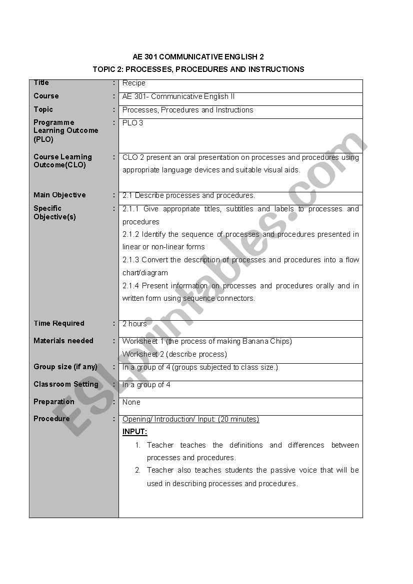 process and procedures worksheet