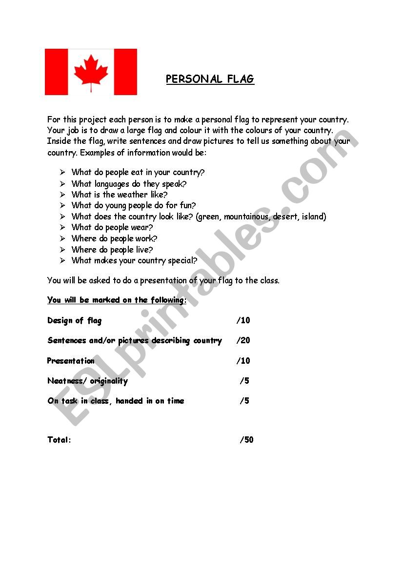 Personal Flag worksheet