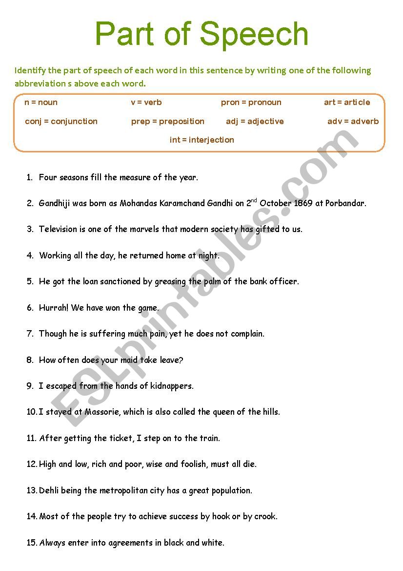 Part of Speech - ESL worksheet by Tanuja22 In Parts Of Speech Worksheet Pdf