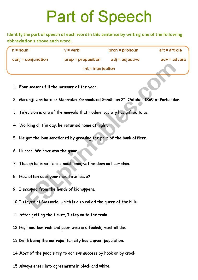 Parts Of Speech Worksheet Pdf