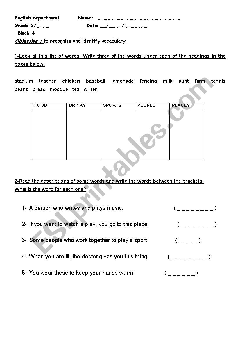 CLASSIFYING WORDS worksheet