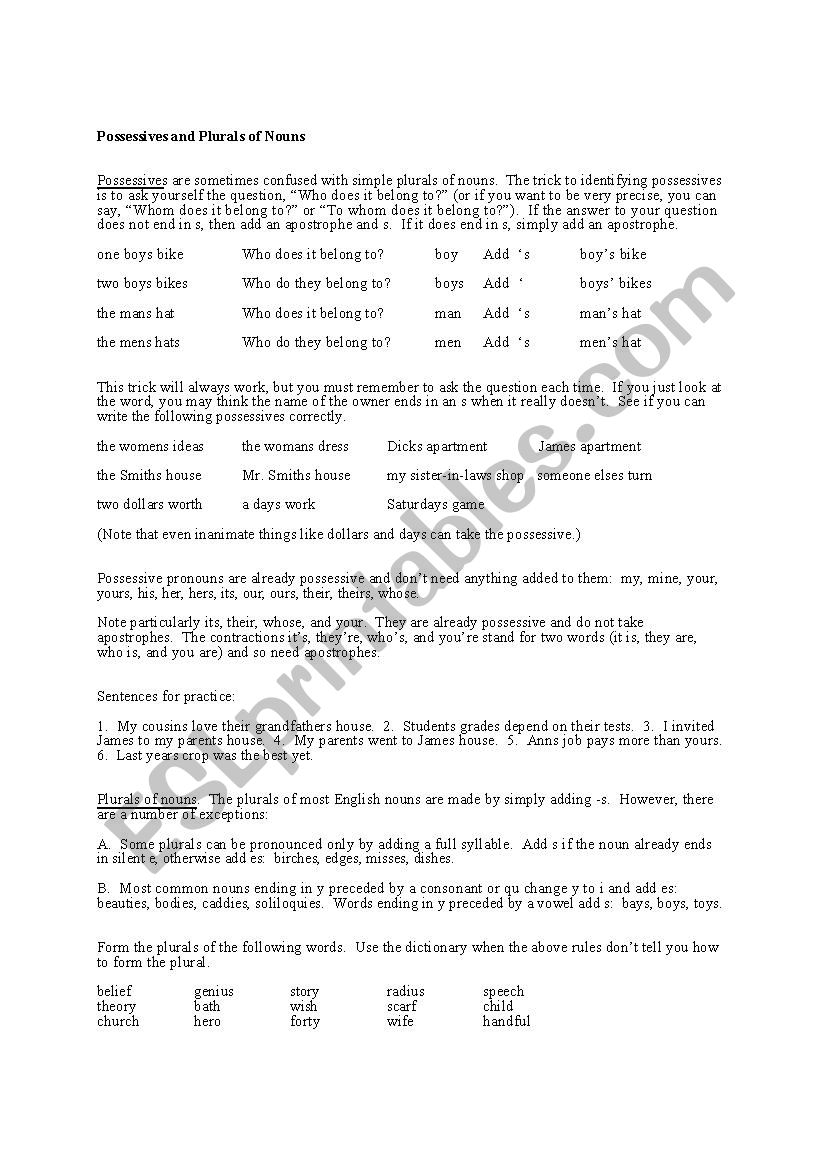 Possesives and Plurals of Nouns