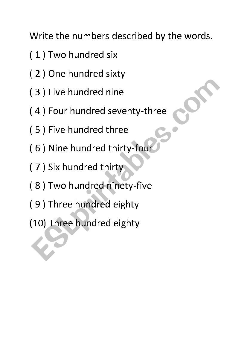 Write numbers  worksheet