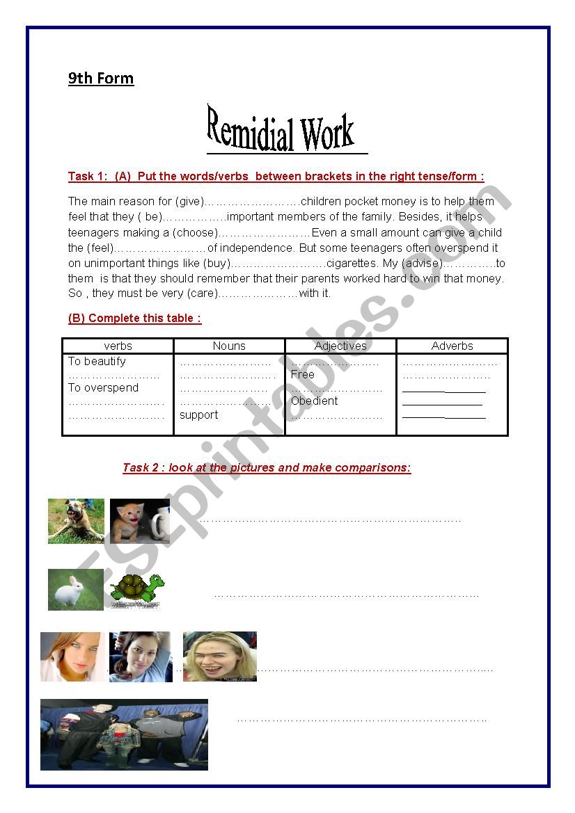 Remidial work worksheet