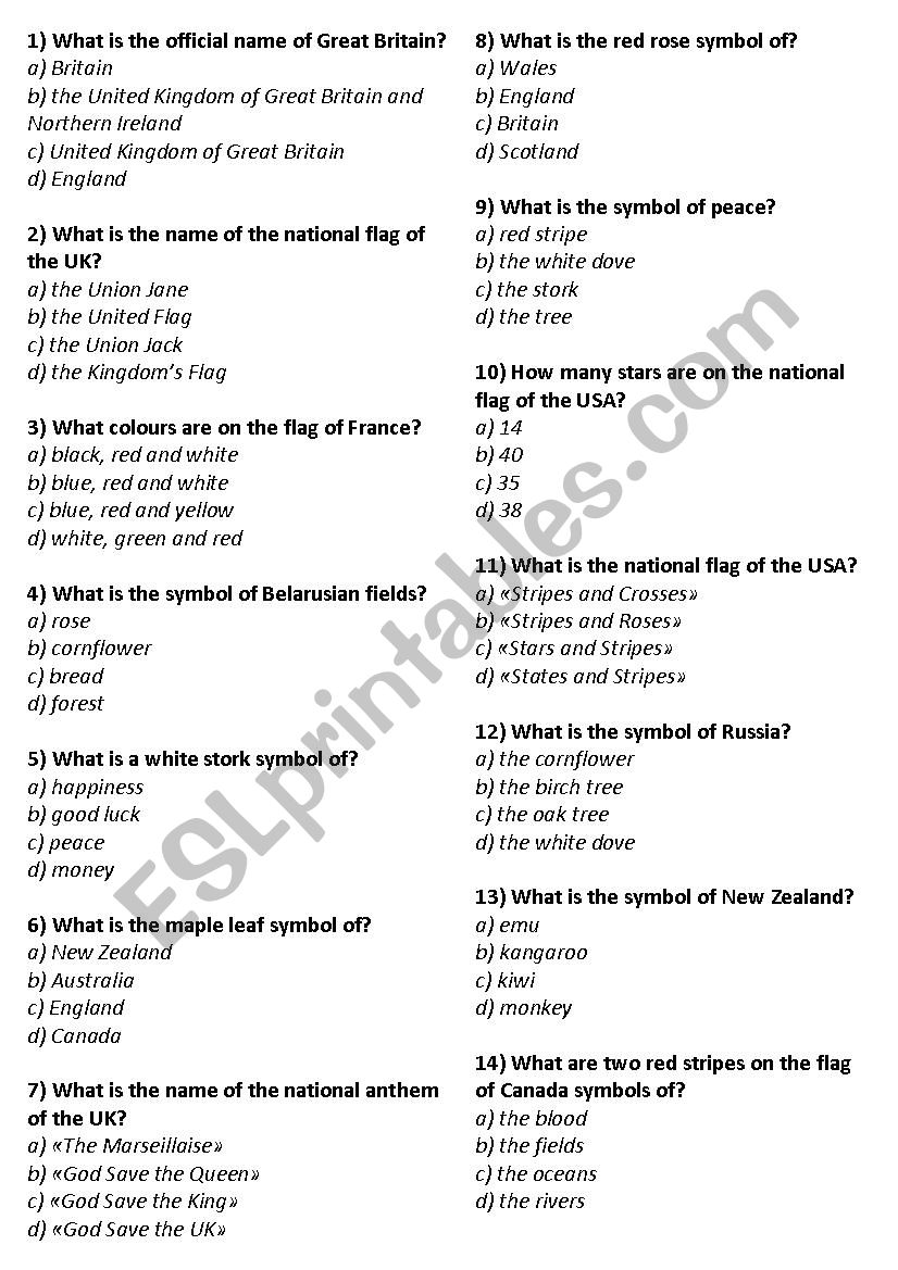National Symbols worksheet
