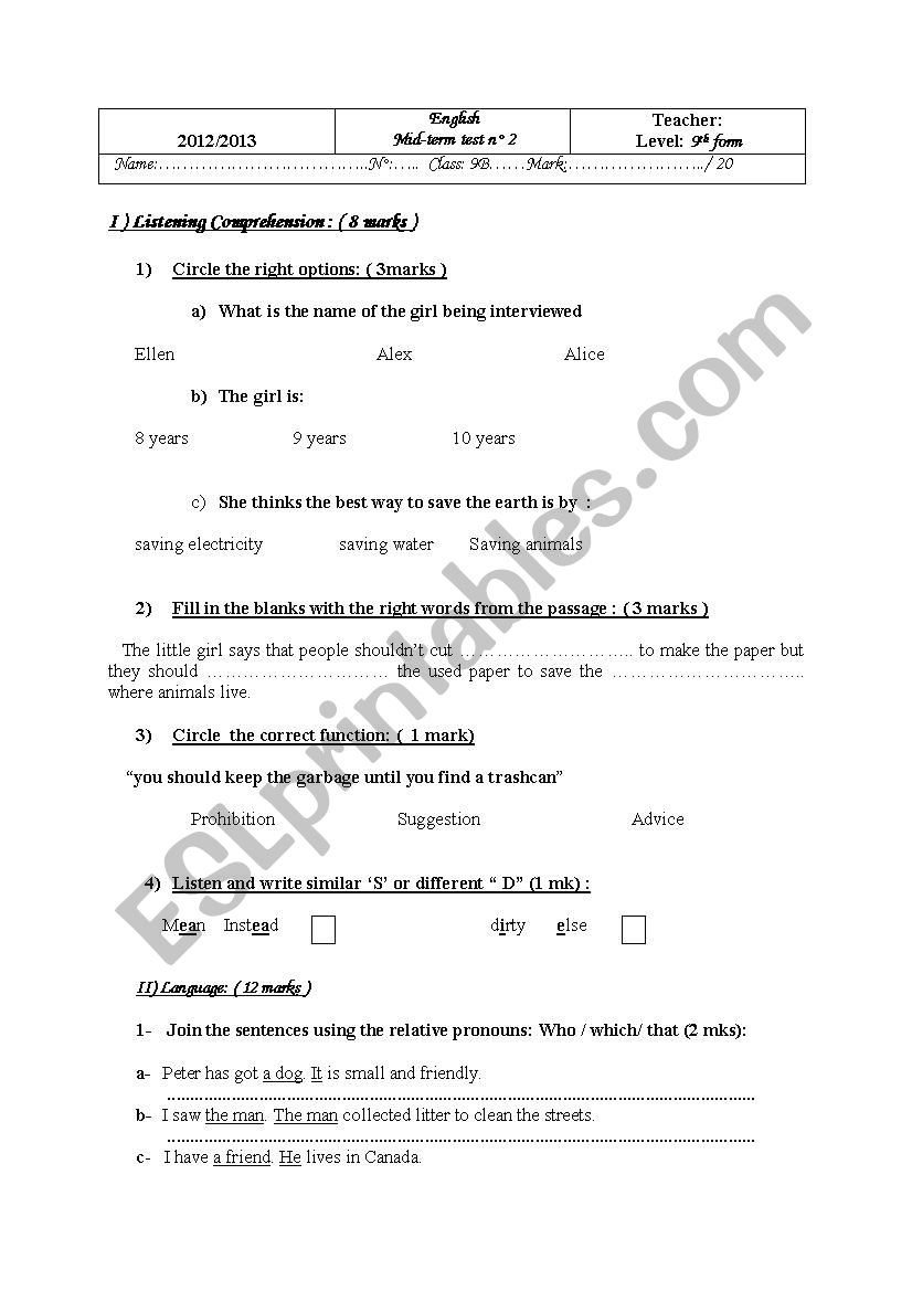 9th form mid-term test n2 worksheet