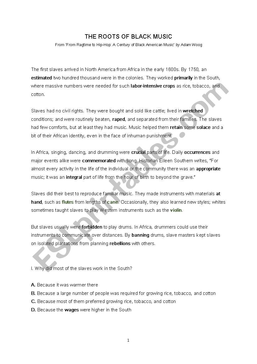 The Roots of Black Music worksheet
