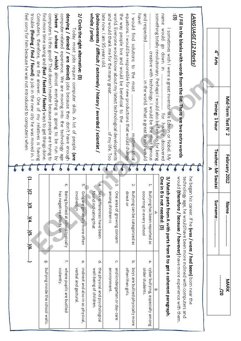 midterm test worksheet