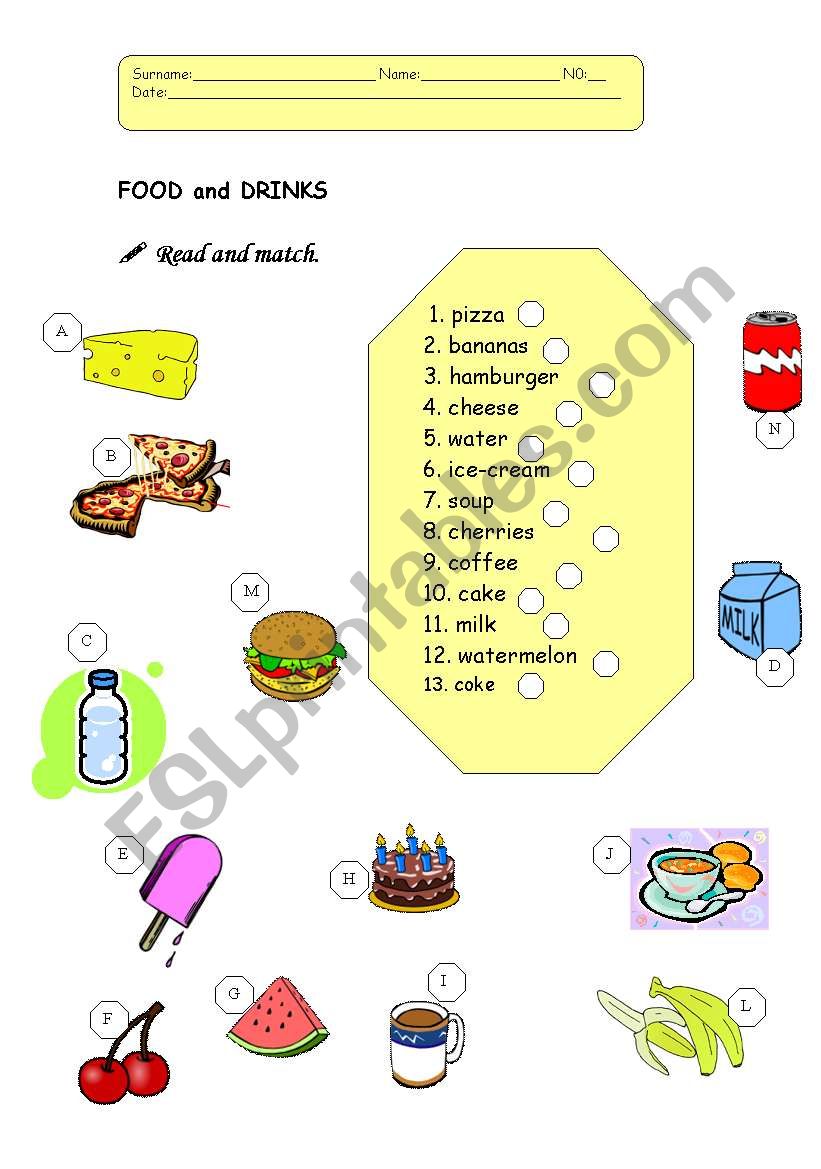 Food and drinks worksheet