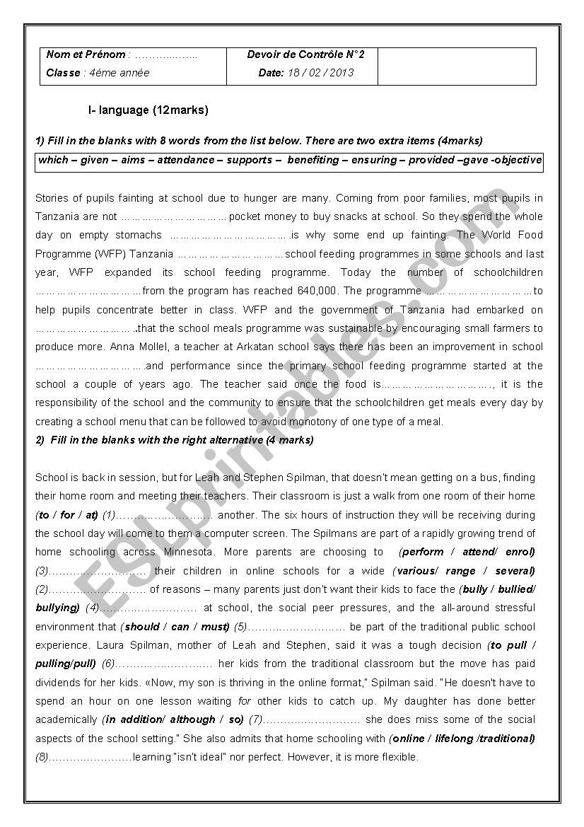 English test Nb 3 Fourth form worksheet