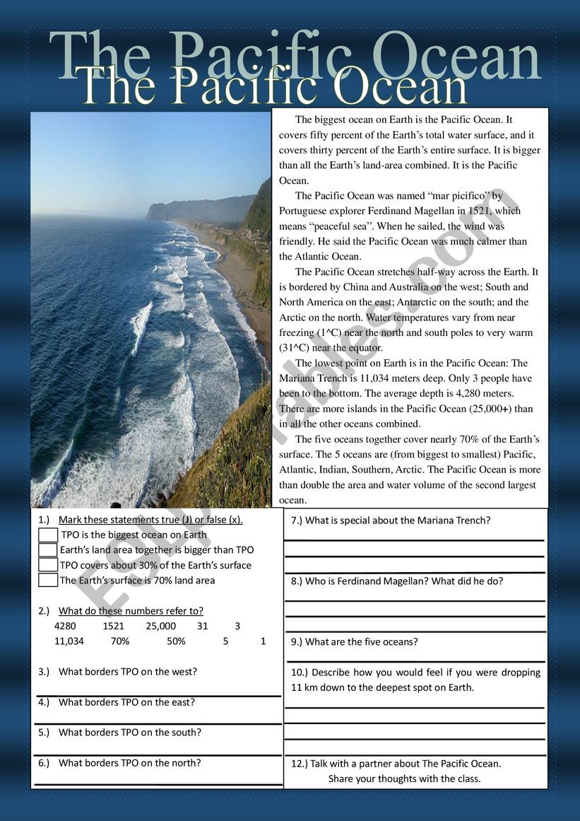 The Pacific Ocean Reading Comprehension Practice Exercises