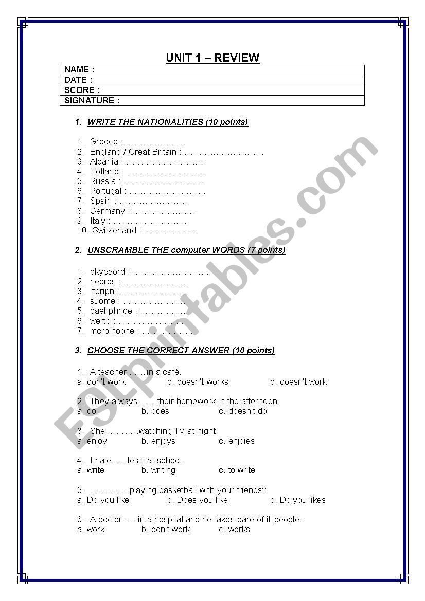 revision exercises worksheet