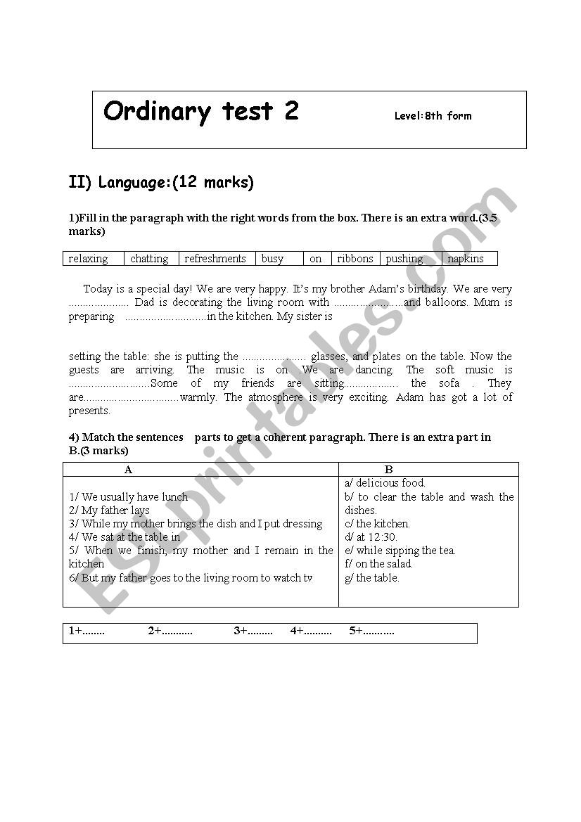 8th form mid term test2 worksheet