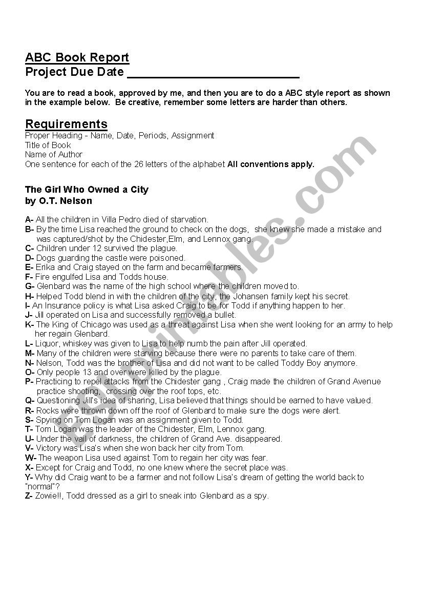 ABC Book Report worksheet