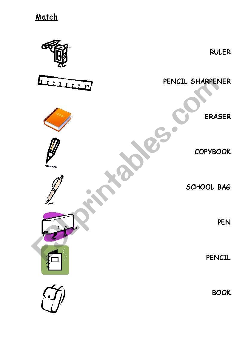 School objects matching worksheet