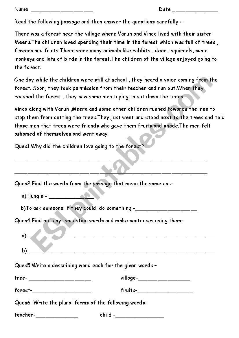 Reading Comprehension worksheet