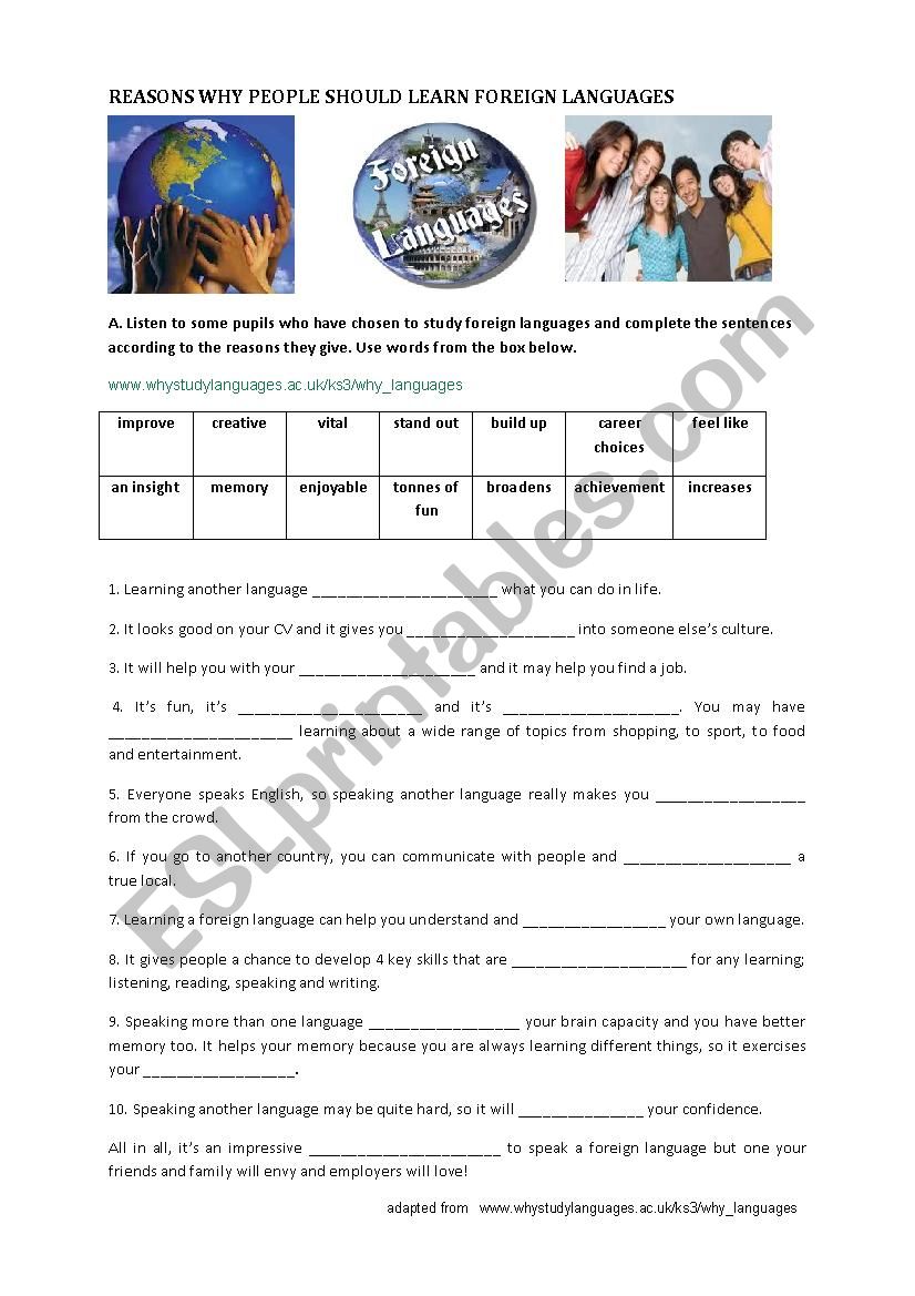 Learning foreign languages worksheet
