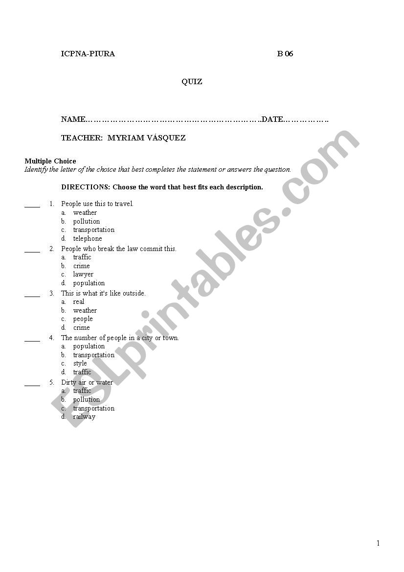 Grammar and vocabulary quiz worksheet