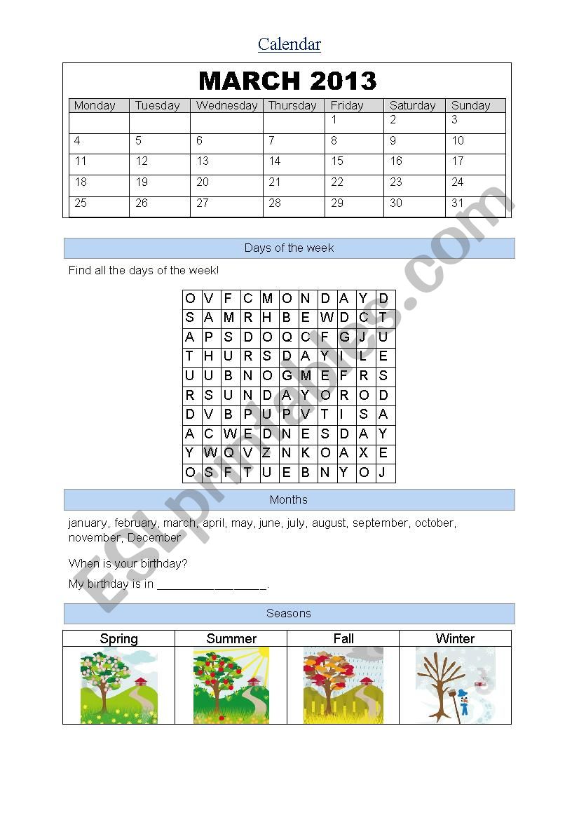 Vocabulary- Calender worksheet