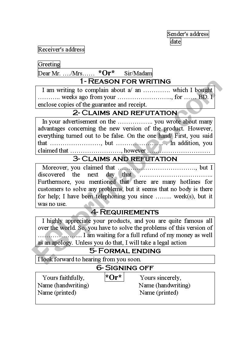 letter of complaint  (layout) worksheet
