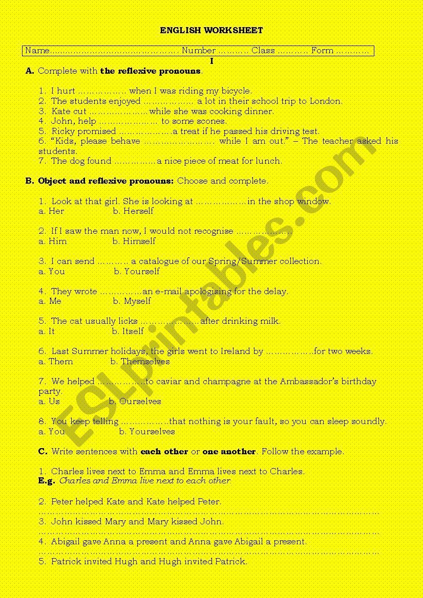 Reflexive and reciprocal pronouns, personal pronouns, object form