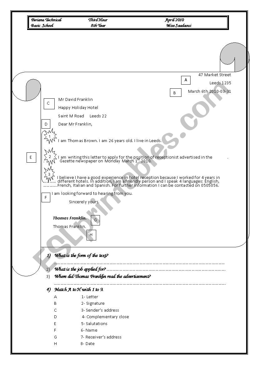 session on application letter worksheet