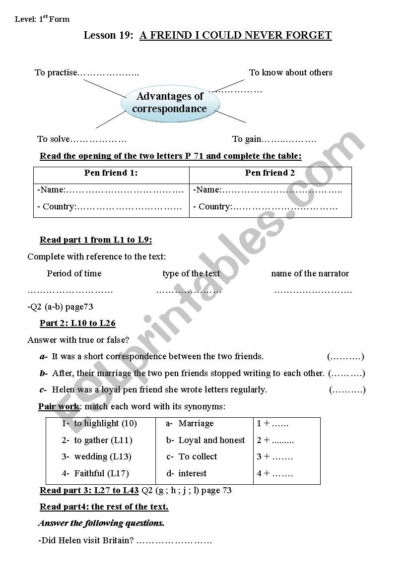 1st year lesson 19:A FREIND I COULD NEVER FORGET