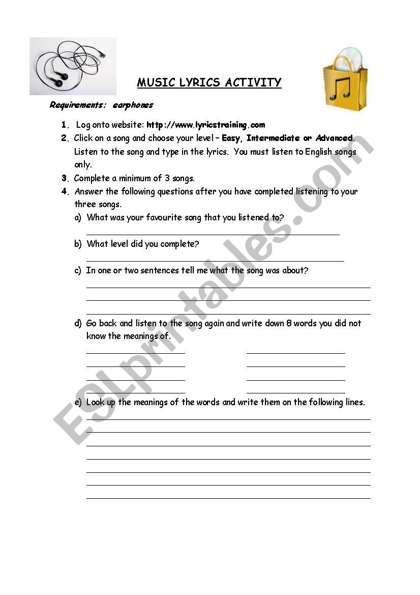 Music Lyrics Activity worksheet