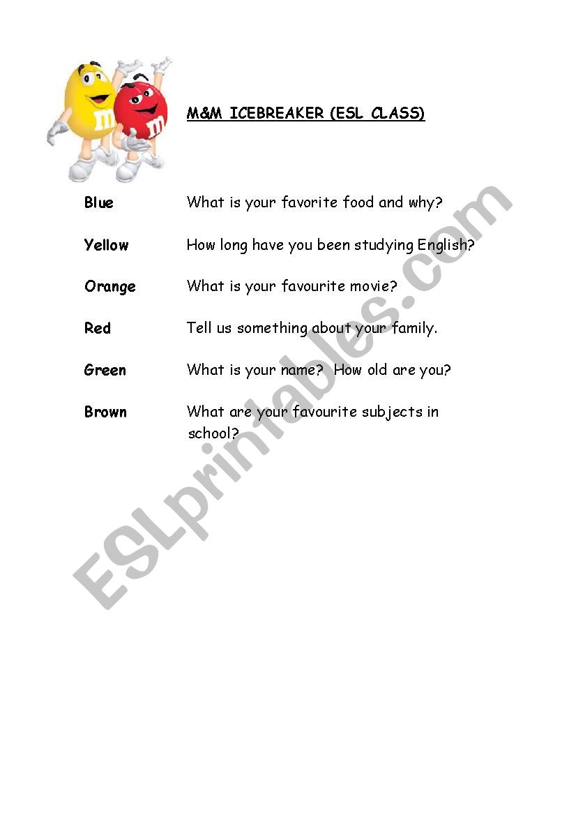 M & M Icebreaker worksheet