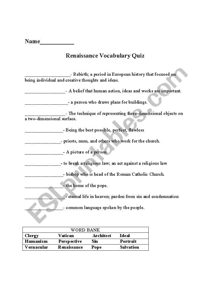 Renaissance Vocabulary Quiz worksheet