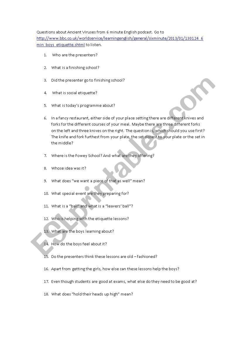 Boys Etiquette Listening worksheet