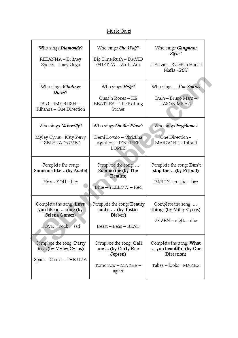 Music Quiz worksheet