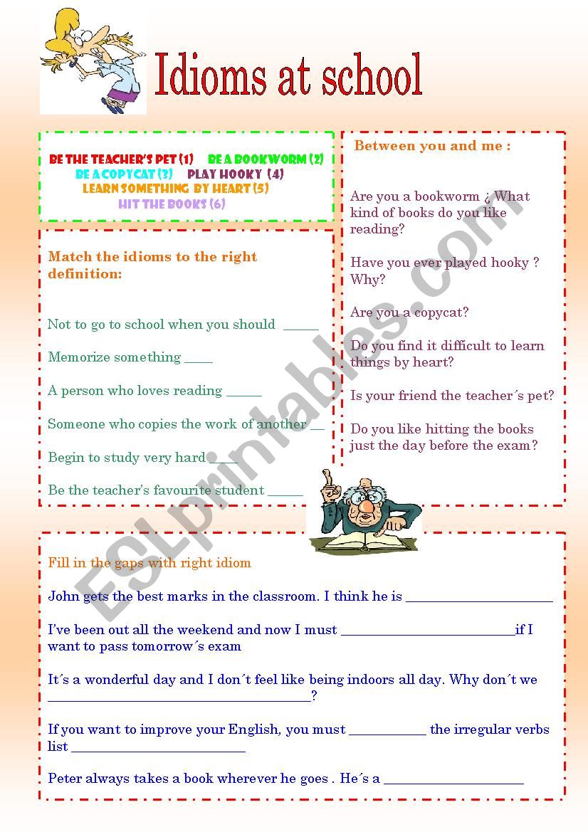 Idioms at school worksheet