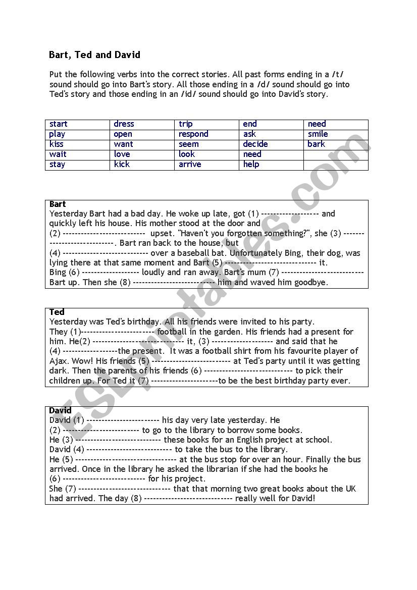 Bart, Ted and David worksheet