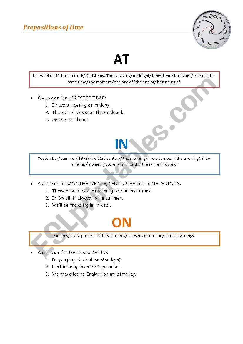 Prepositions of time worksheet