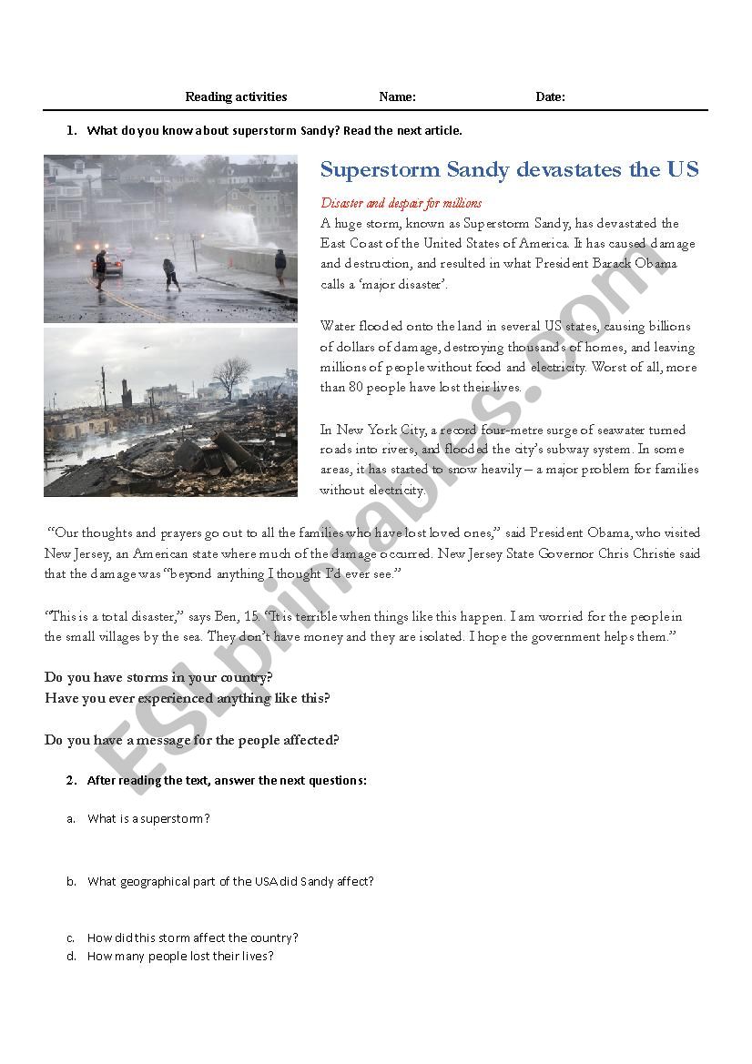 Superstorm Sandy worksheet