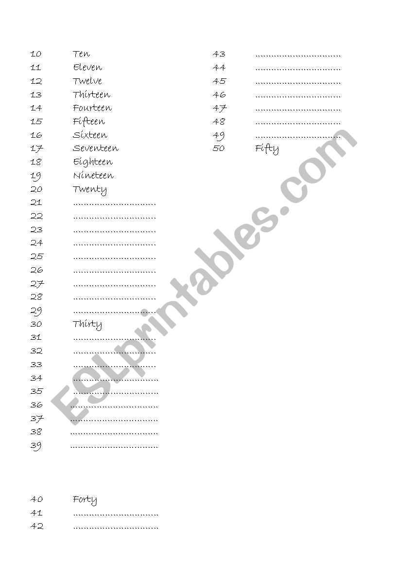 numbers worksheet