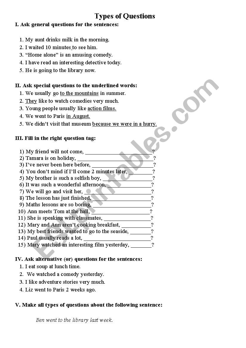 Types of questions worksheet