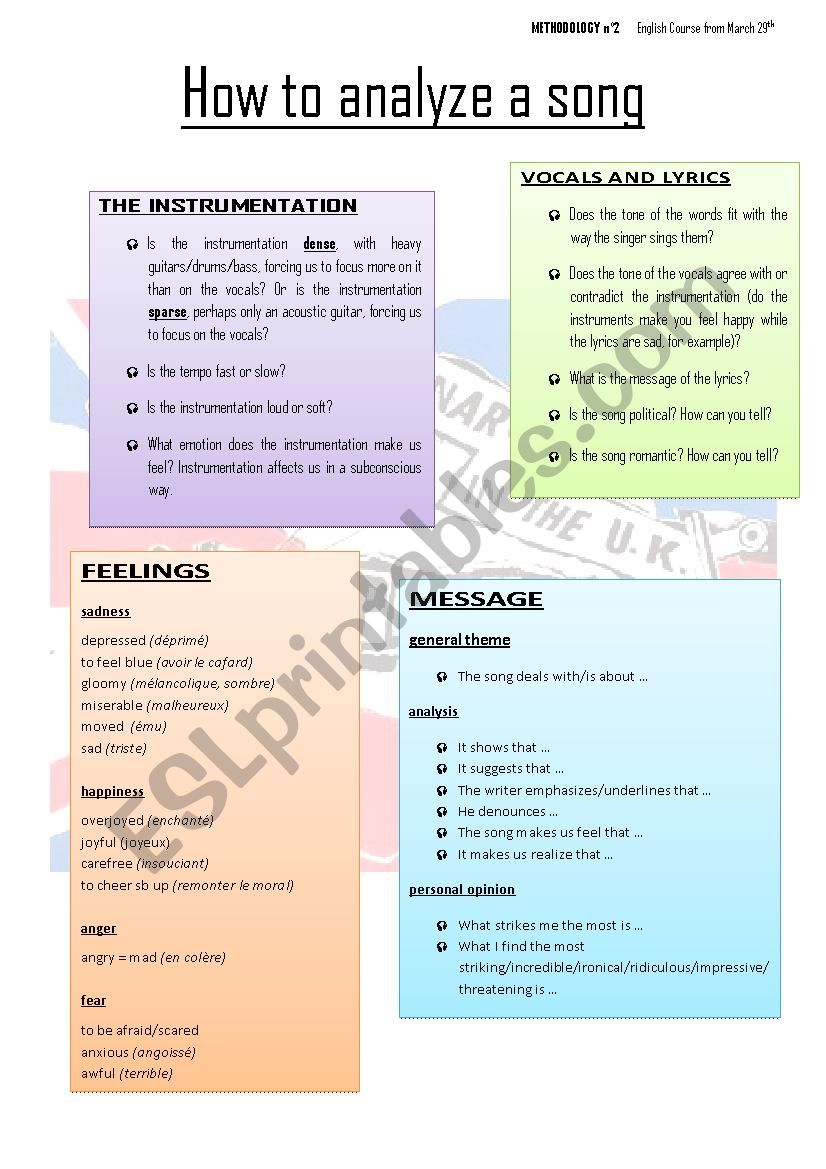 How to analyze a song worksheet