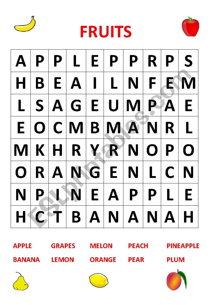 Fruits wordsearch worksheet